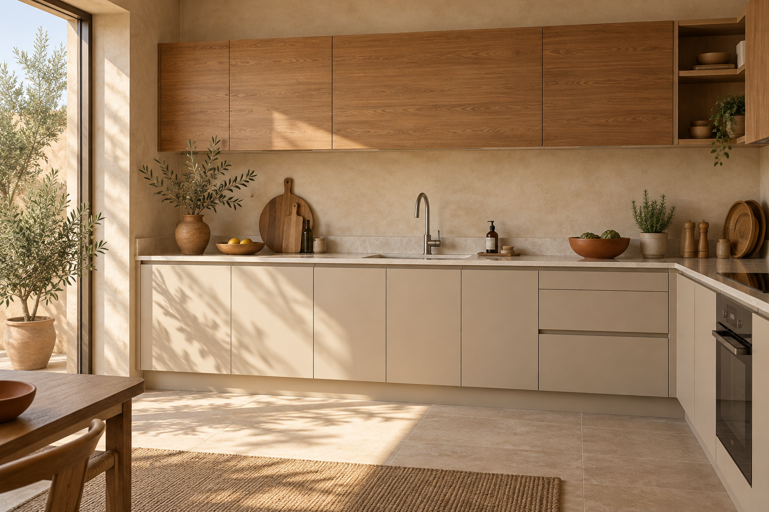 Inspiration : cuisine aux façades sable et bois naturel.